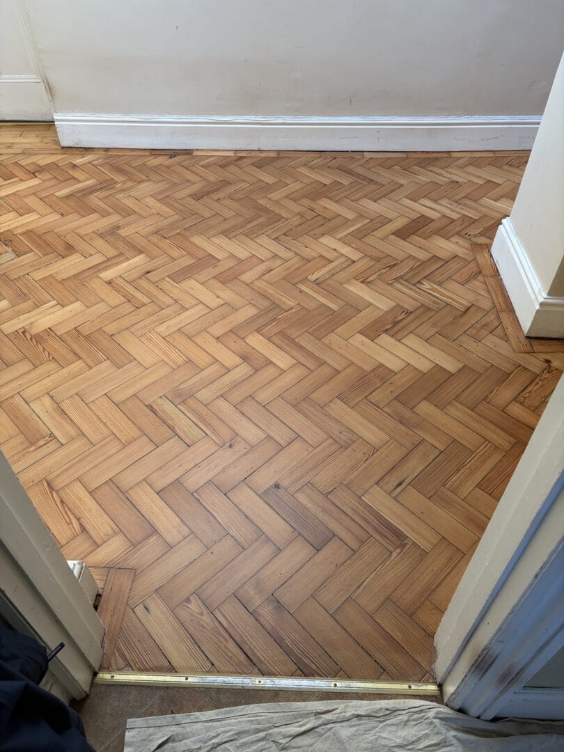 Pitch pine herringbone parquet wood floor restored in newmarket